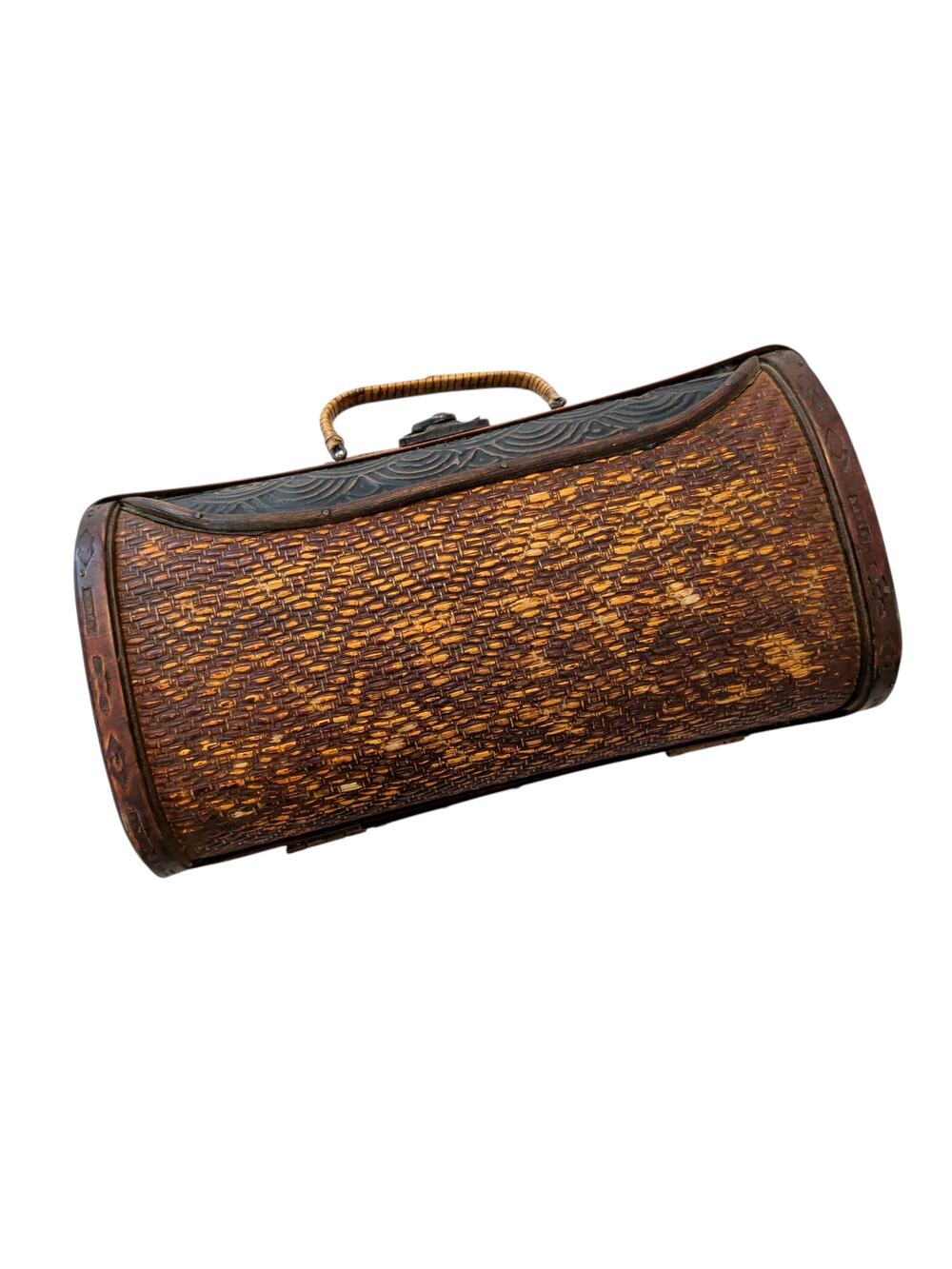 Vintage Handmade Bamboo Wooden Purse Bag Etched Woven Clutch Hard Sided